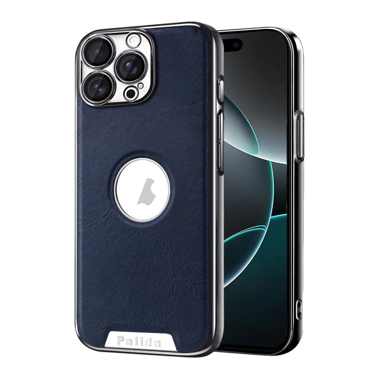 For iPhone 16 Pro Palida Electroplated Mecha-Style Vegan Leather Shockproof Phone Case