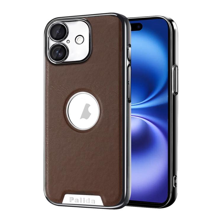 For iPhone 16 Palida Electroplated Mecha-Style Vegan Leather Shockproof Phone Case