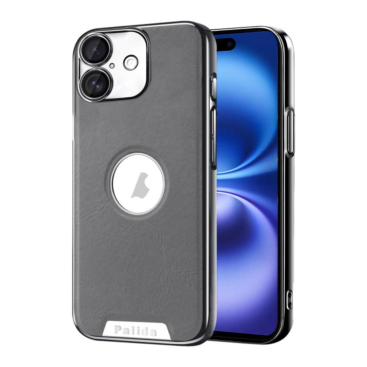 For iPhone 16 Palida Electroplated Mecha-Style Vegan Leather Shockproof Phone Case