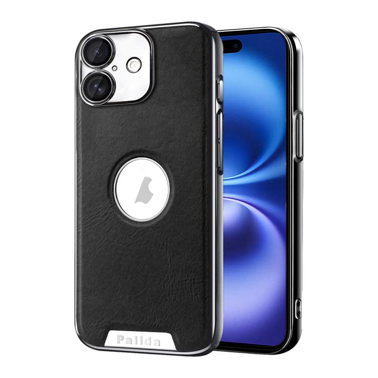 For iPhone 16 Palida Electroplated Mecha-Style Vegan Leather Shockproof Phone Case