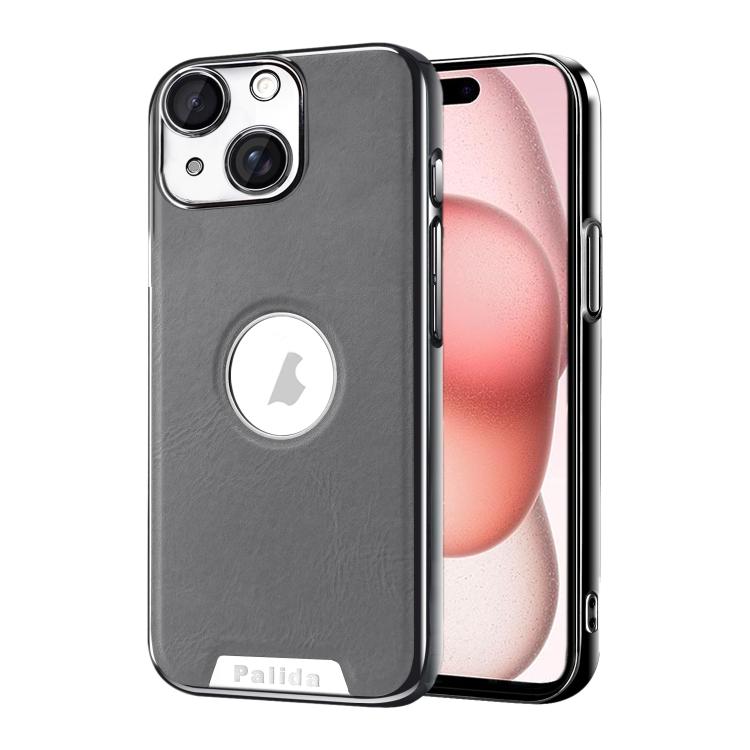For iPhone 15 Palida Electroplated Mecha-Style Vegan Leather Shockproof Phone Case