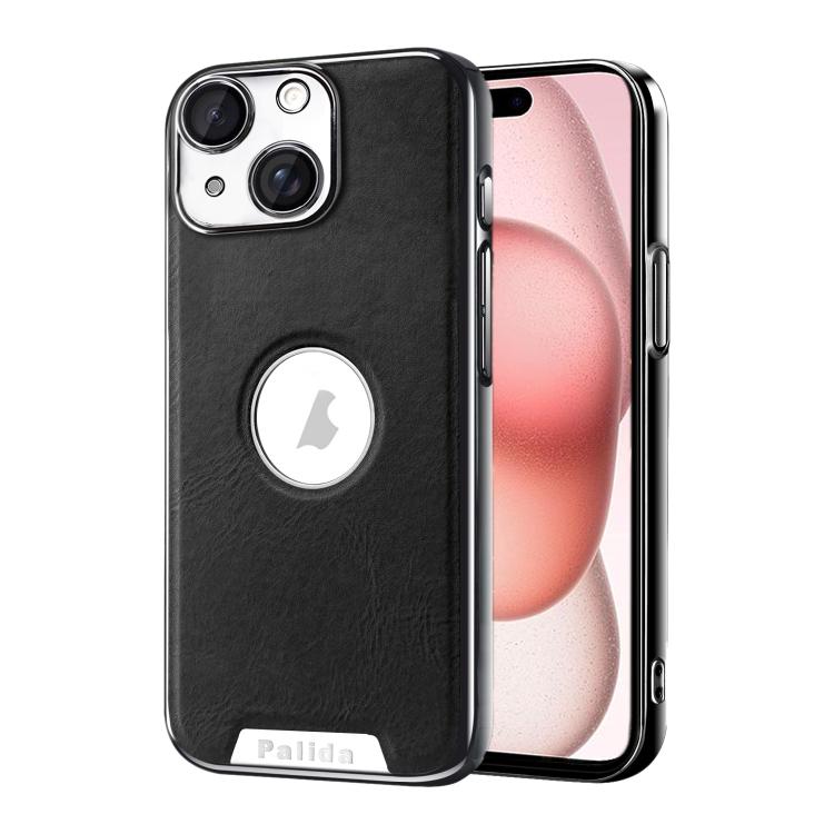 For iPhone 15 Palida Electroplated Mecha-Style Vegan Leather Shockproof Phone Case