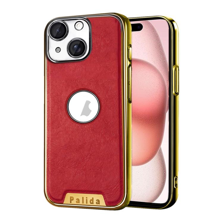 For iPhone 15 Palida Electroplated Mecha-Style Vegan Leather Shockproof Phone Case