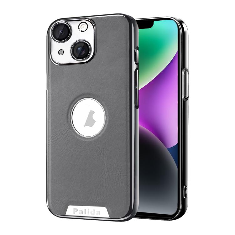 For iPhone 14 Palida Electroplated Mecha-Style Vegan Leather Shockproof Phone Case