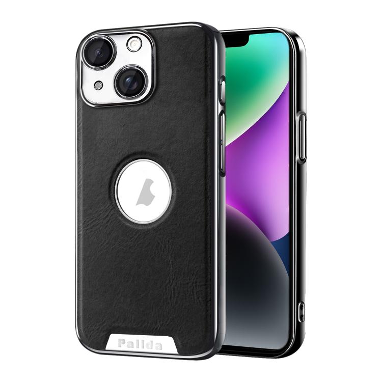 For iPhone 14 Palida Electroplated Mecha-Style Vegan Leather Shockproof Phone Case