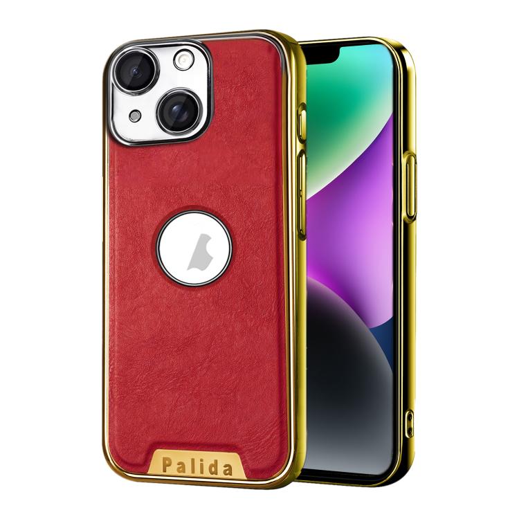 For iPhone 14 Palida Electroplated Mecha-Style Vegan Leather Shockproof Phone Case