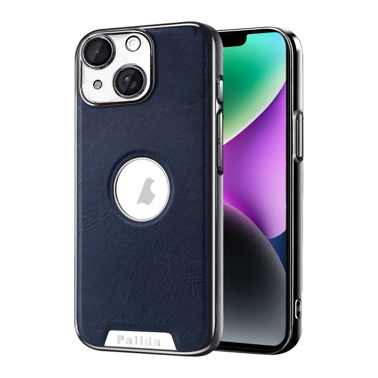 For iPhone 14 Palida Electroplated Mecha-Style Vegan Leather Shockproof Phone Case