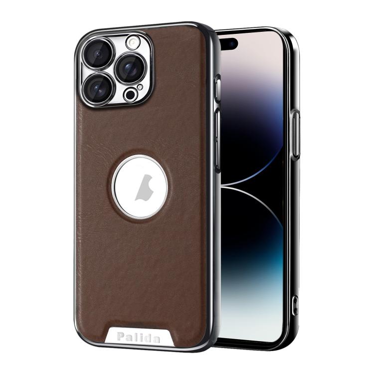 For iPhone 14 Pro Palida Electroplated Mecha-Style Vegan Leather Shockproof Phone Case