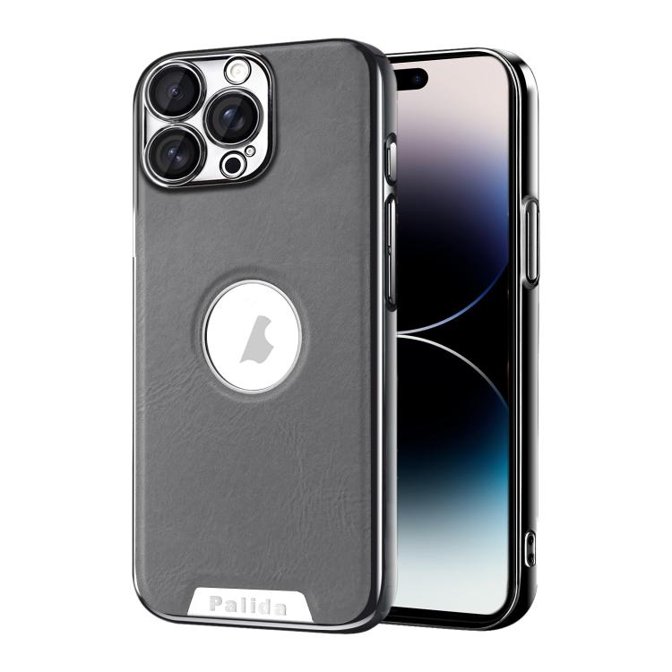 For iPhone 14 Pro Palida Electroplated Mecha-Style Vegan Leather Shockproof Phone Case