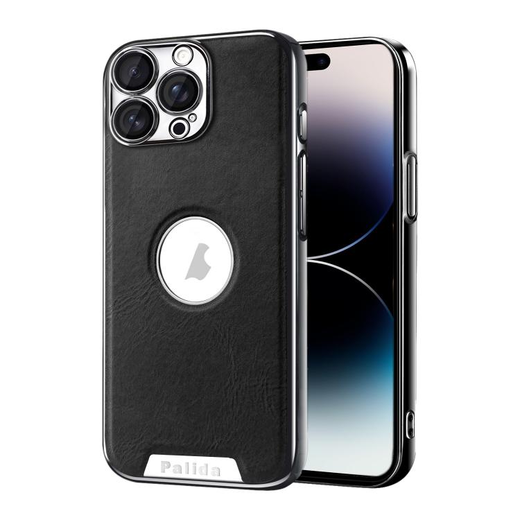 For iPhone 14 Pro Palida Electroplated Mecha-Style Vegan Leather Shockproof Phone Case