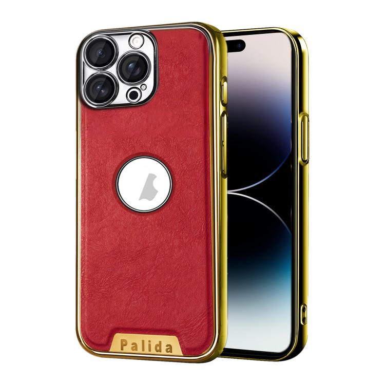 For iPhone 14 Pro Palida Electroplated Mecha-Style Vegan Leather Shockproof Phone Case