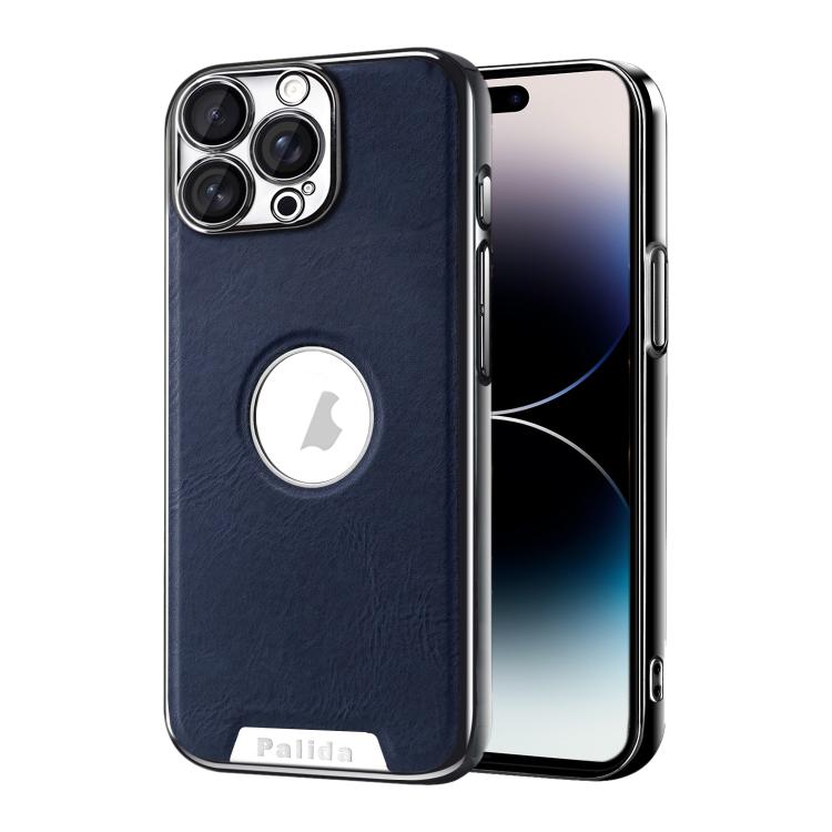 For iPhone 14 Pro Palida Electroplated Mecha-Style Vegan Leather Shockproof Phone Case