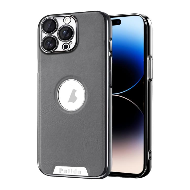 For iPhone 14 Pro Max Palida Electroplated Mecha-Style Vegan Leather Shockproof Phone Case