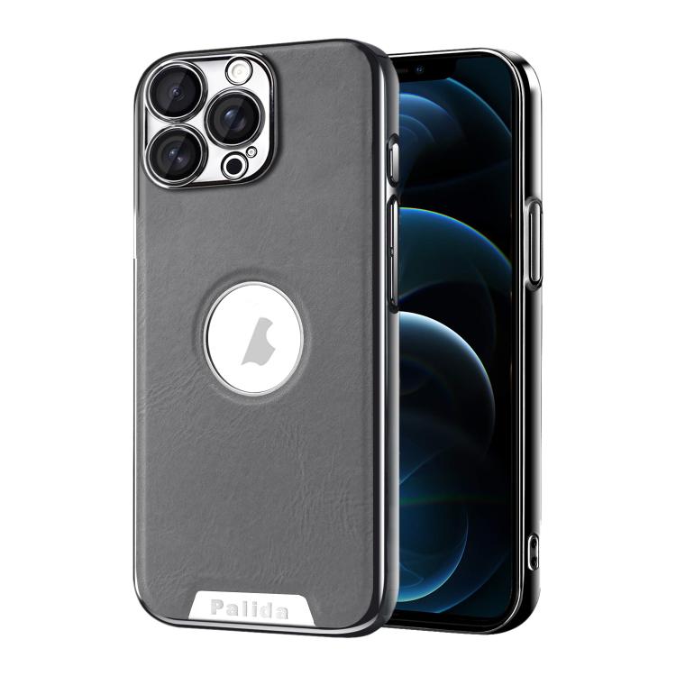 For iPhone 12 Pro Max Palida Electroplated Mecha-Style Vegan Leather Shockproof Phone Case