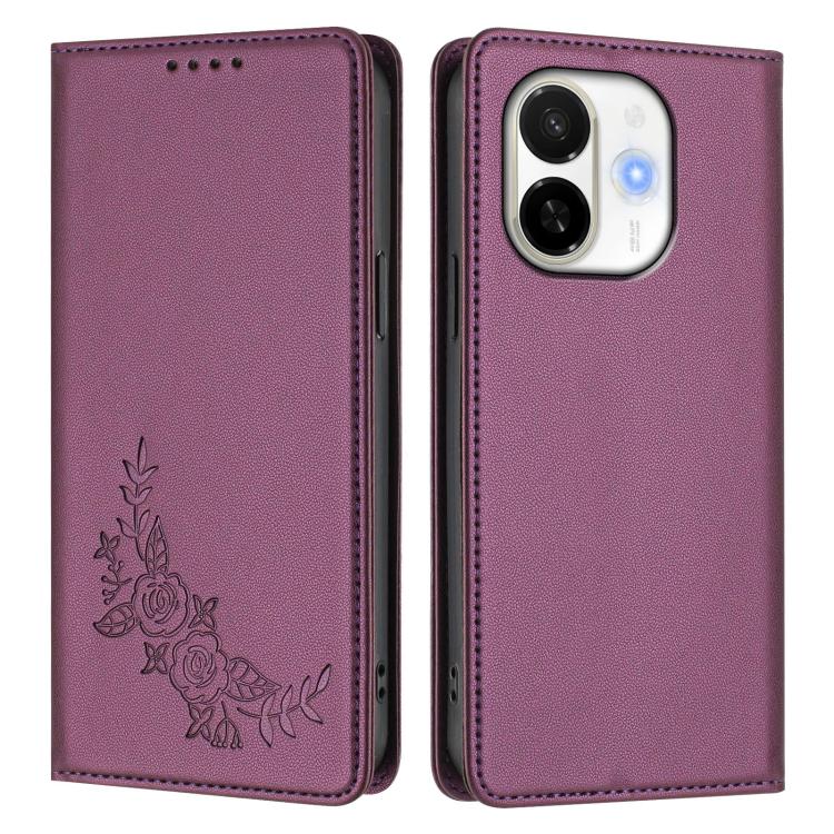 For Tecno Spark 30C 5G / Pop 9 5G Peony Embossed Magnetic RFID Vegan Leather Phone Case