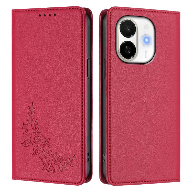 For Tecno Spark 30C 5G / Pop 9 5G Peony Embossed Magnetic RFID Vegan Leather Phone Case
