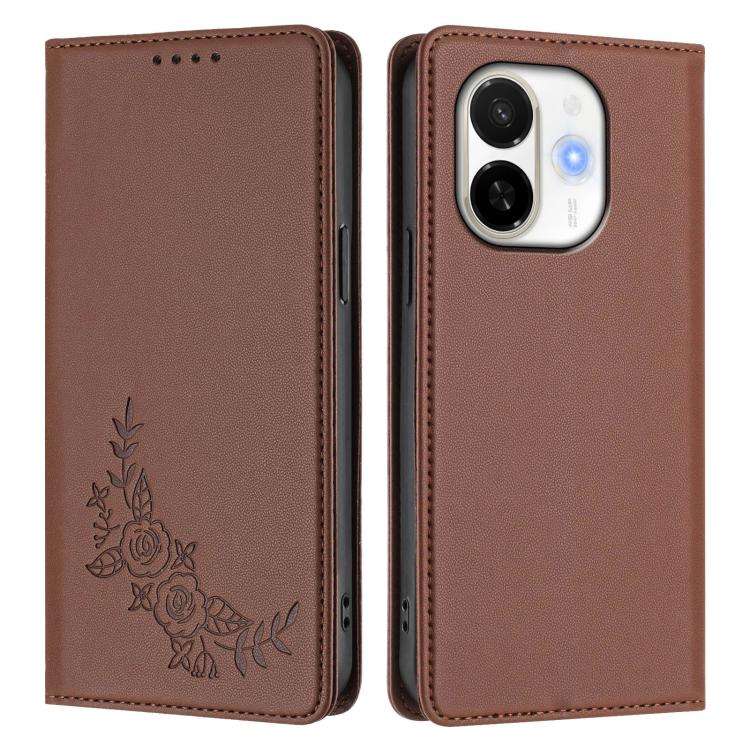 For Tecno Spark 30C 5G / Pop 9 5G Peony Embossed Magnetic RFID Vegan Leather Phone Case