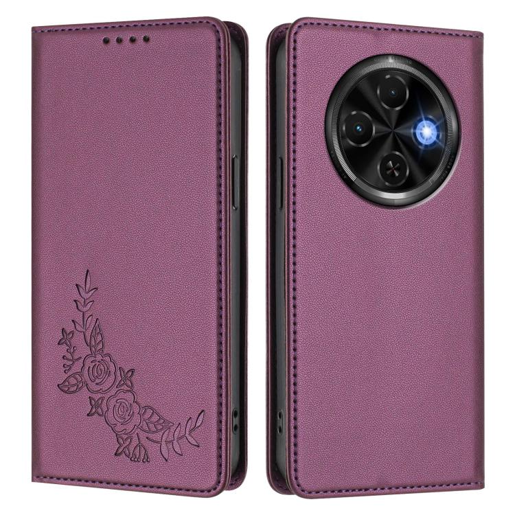 For Tecno Spark 30C 4G Peony Embossed Magnetic RFID Vegan Leather Phone Case