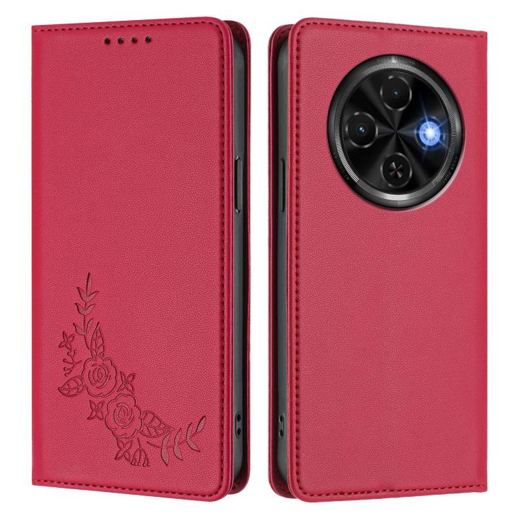 For Tecno Spark 30C 4G Peony Embossed Magnetic RFID Vegan Leather Phone Case