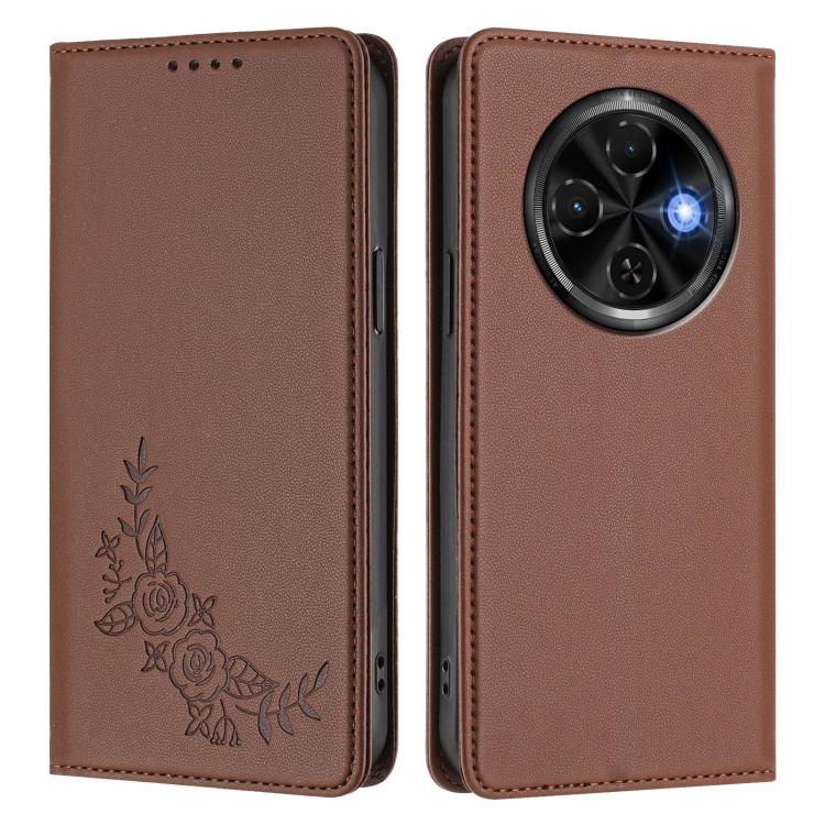 For Tecno Spark 30C 4G Peony Embossed Magnetic RFID Vegan Leather Phone Case