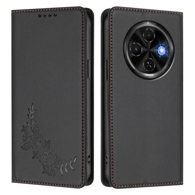 For Tecno Spark 30C 4G Peony Embossed Magnetic RFID Vegan Leather Phone Case