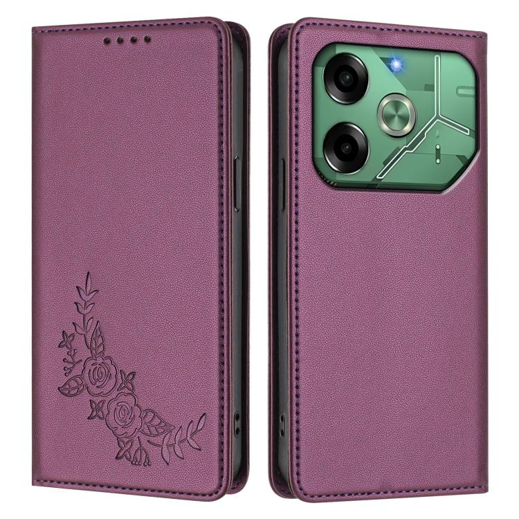 For Tecno Pova 6 4G Peony Embossed Magnetic RFID Vegan Leather Phone Case