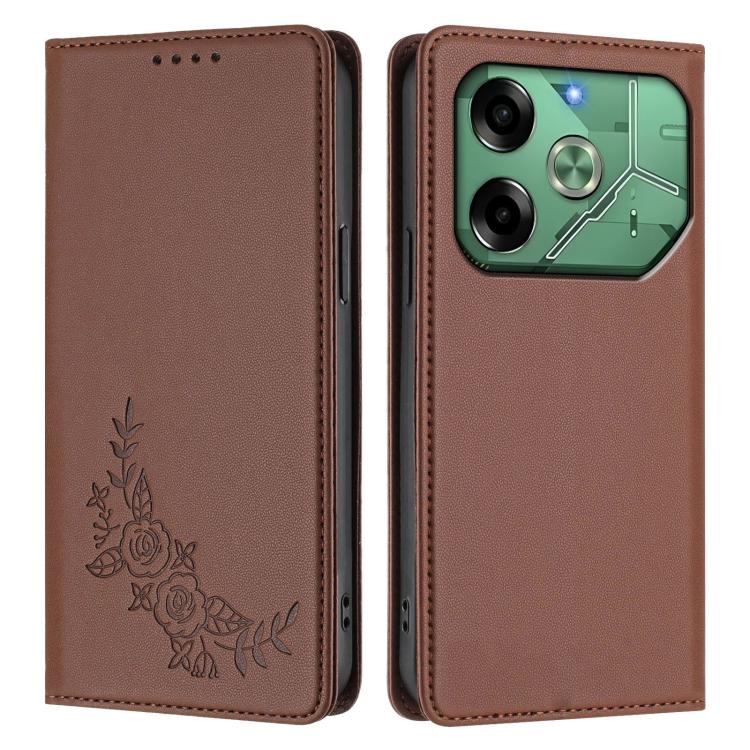 For Tecno Pova 6 4G Peony Embossed Magnetic RFID Vegan Leather Phone Case