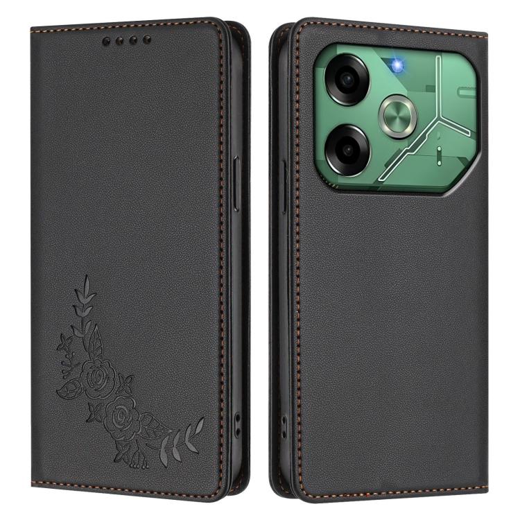 For Tecno Pova 6 4G Peony Embossed Magnetic RFID Vegan Leather Phone Case
