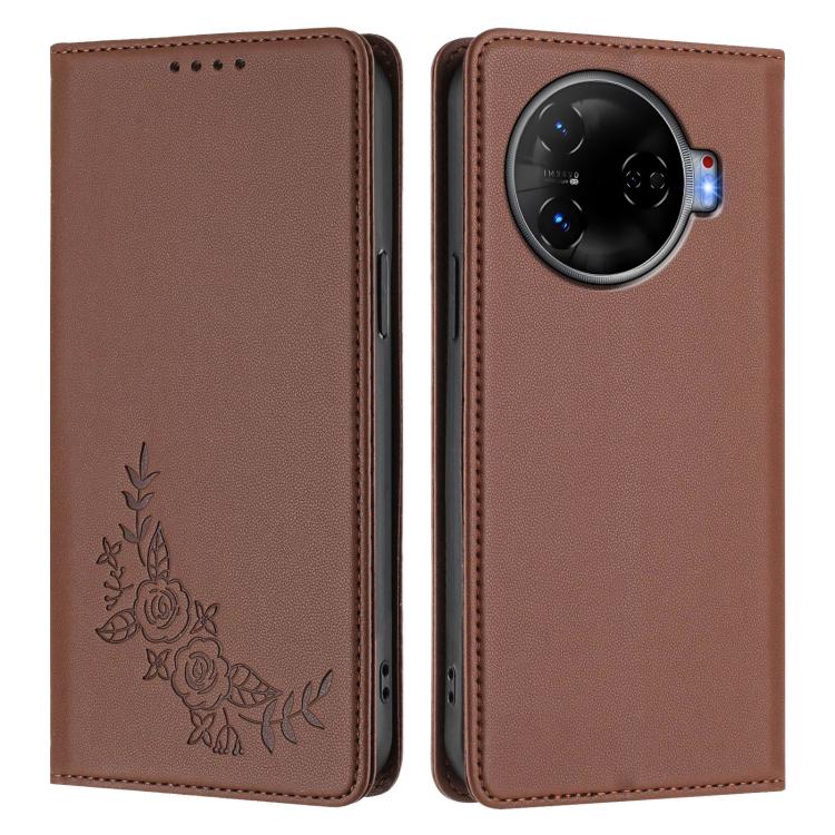 For Tecno Camon 30 Pro 5G Peony Embossed Magnetic RFID Vegan Leather Phone Case
