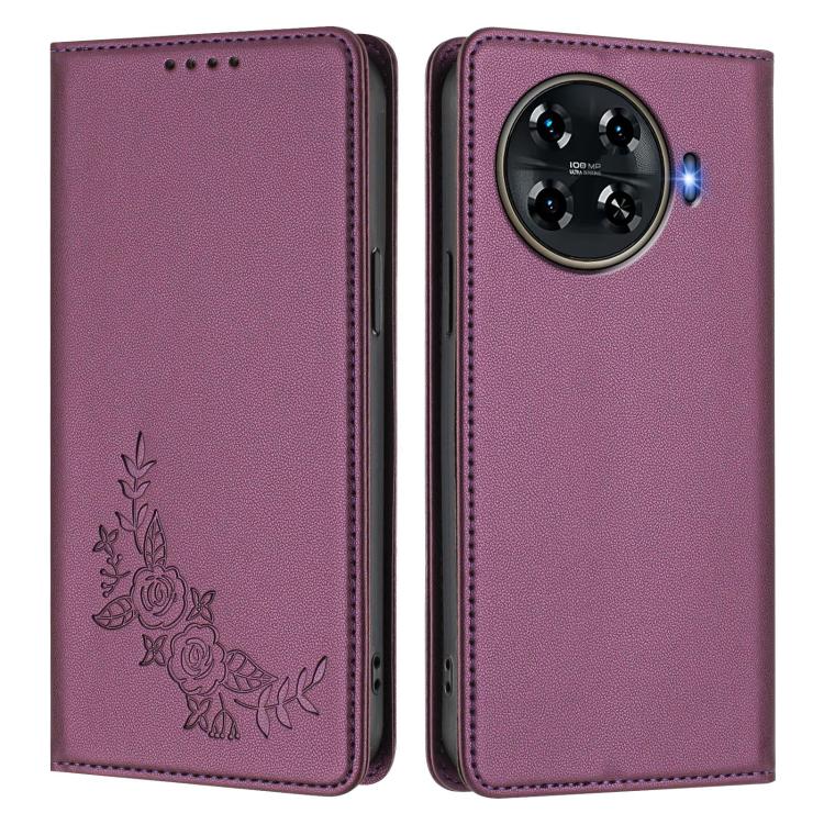 For Tecno Spark 20 Pro+ 4G Peony Embossed Magnetic RFID Vegan Leather Phone Case