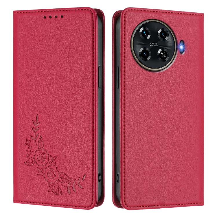 For Tecno Spark 20 Pro+ 4G Peony Embossed Magnetic RFID Vegan Leather Phone Case