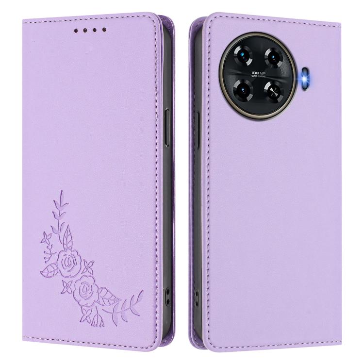 For Tecno Spark 20 Pro+ 4G Peony Embossed Magnetic RFID Vegan Leather Phone Case