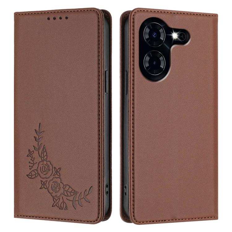 For Tecno Pova 5 Peony Embossed Magnetic RFID Vegan Leather Phone Case