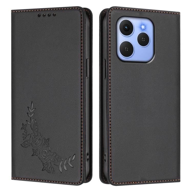 For Tecno Spark 50 / KN4 Peony Embossed Magnetic RFID Vegan Leather Phone Case