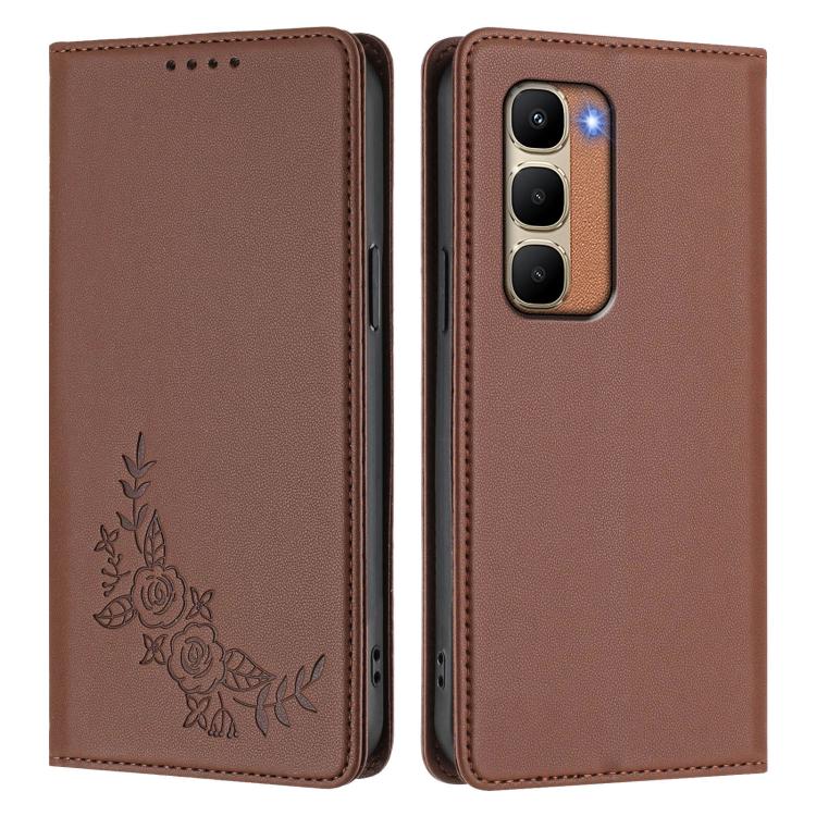 For Infinix Hot 70 4G Peony Embossed Magnetic RFID Vegan Leather Phone Case