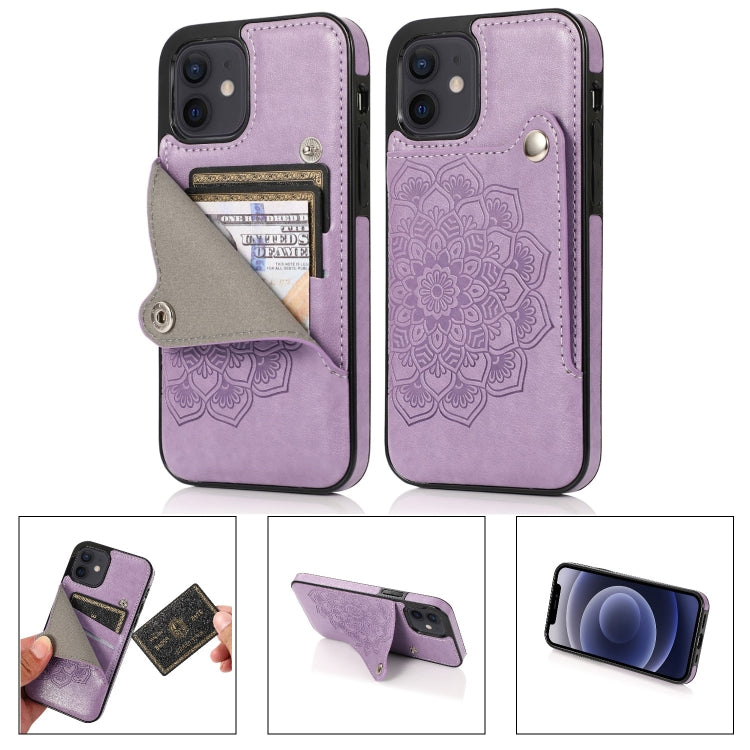 For iPhone 12 mini Mandala Embossed Pattern PU+TPU Protective Case with Card Slots & Holder