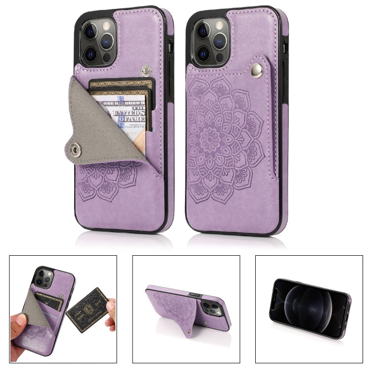 For iPhone 12 / 12 Pro Mandala Embossed Pattern PU+TPU Protective Case with Card Slots & Holder