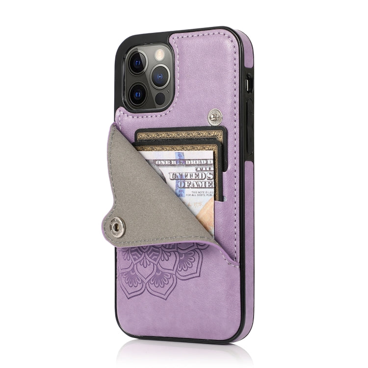 For iPhone 12 / 12 Pro Mandala Embossed Pattern PU+TPU Protective Case with Card Slots & Holder