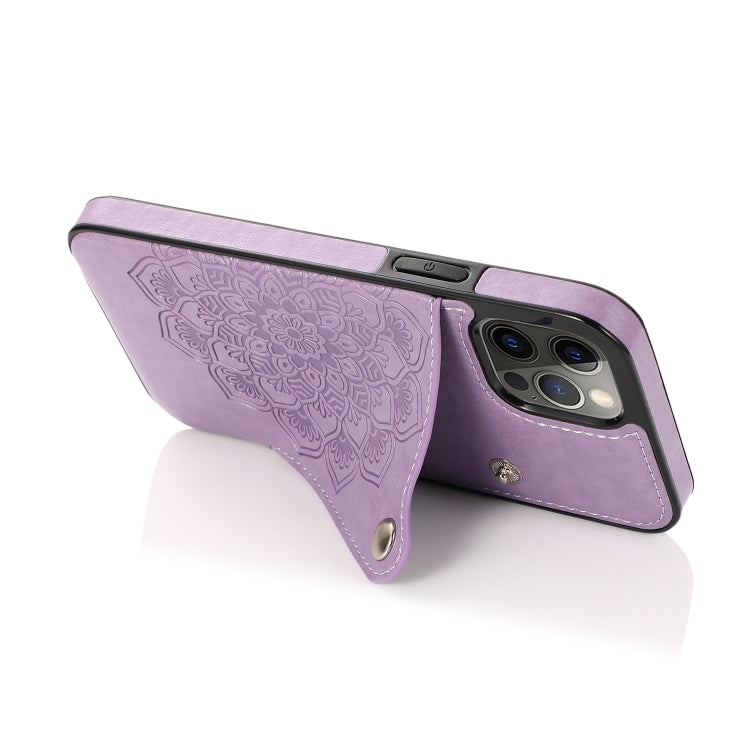 For iPhone 12 / 12 Pro Mandala Embossed Pattern PU+TPU Protective Case with Card Slots & Holder