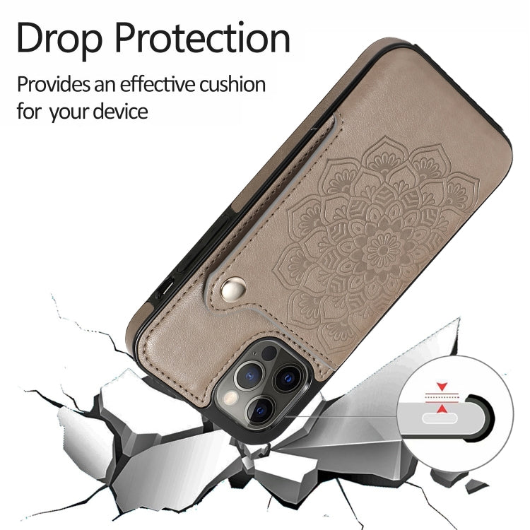 For iPhone 12 / 12 Pro Mandala Embossed Pattern PU+TPU Protective Case with Card Slots & Holder