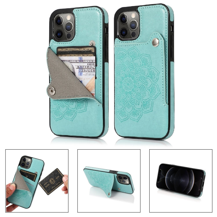 For iPhone 12 / 12 Pro Mandala Embossed Pattern PU+TPU Protective Case with Card Slots & Holder