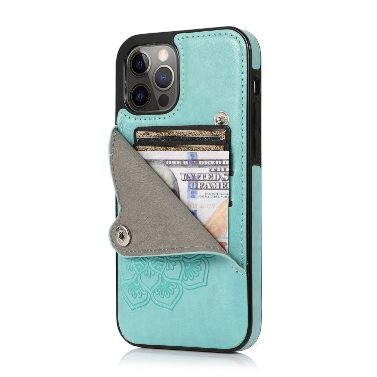 For iPhone 12 / 12 Pro Mandala Embossed Pattern PU+TPU Protective Case with Card Slots & Holder