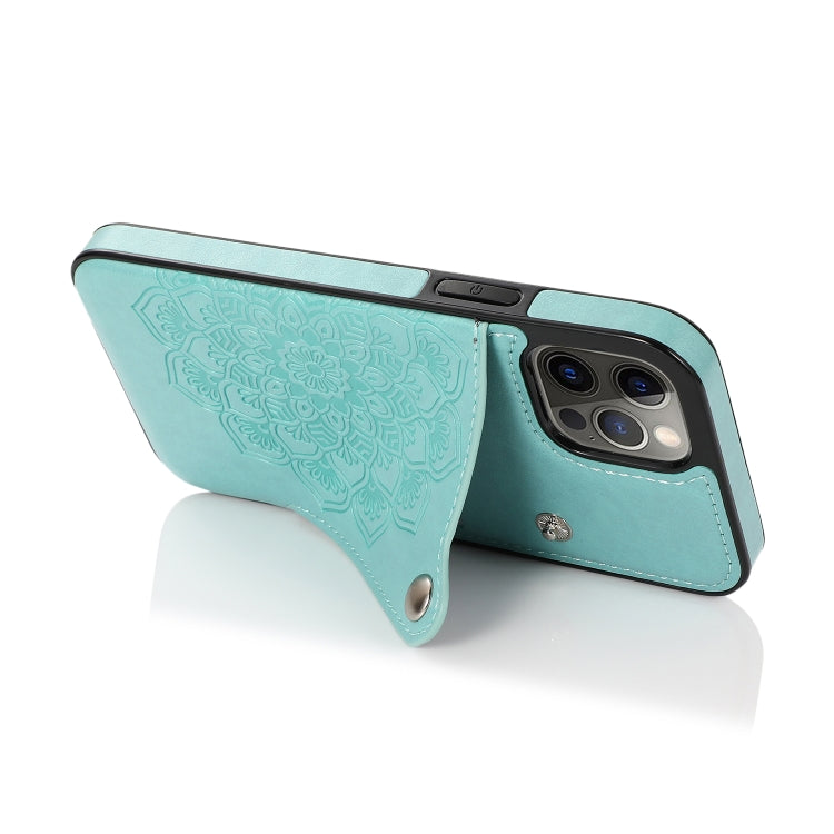 For iPhone 12 / 12 Pro Mandala Embossed Pattern PU+TPU Protective Case with Card Slots & Holder