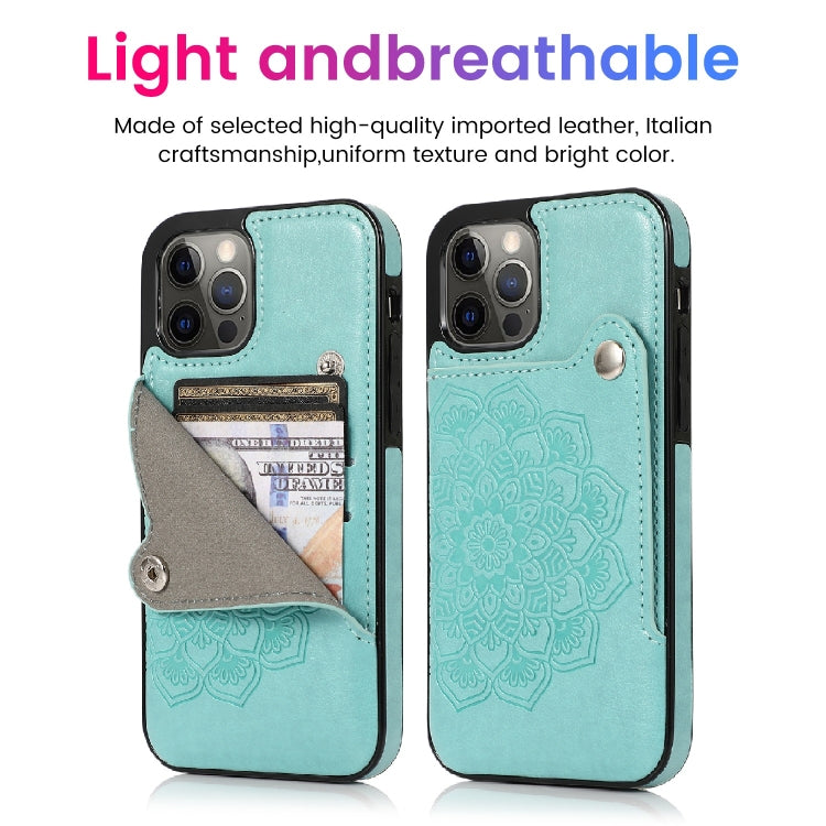 For iPhone 12 / 12 Pro Mandala Embossed Pattern PU+TPU Protective Case with Card Slots & Holder