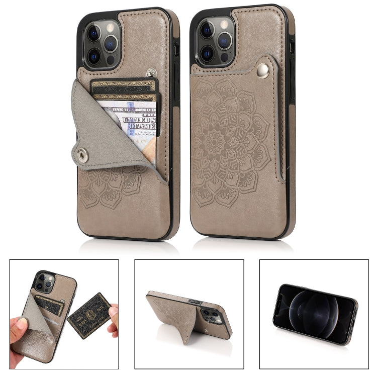 For iPhone 12 Pro Max Mandala Embossed Pattern PU+TPU Protective Case with Card Slots & Holder
