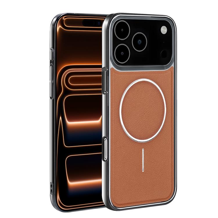 For iPhone 17 Pro Electroplated Frame Vegan Leather Magnetic Shockproof Phone Case