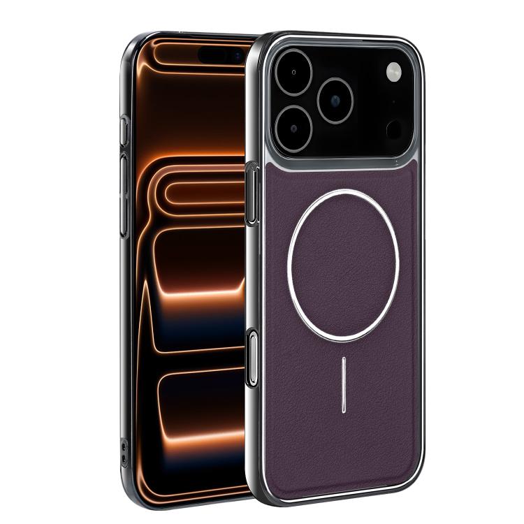For iPhone 17 Pro Electroplated Frame Vegan Leather Magnetic Shockproof Phone Case