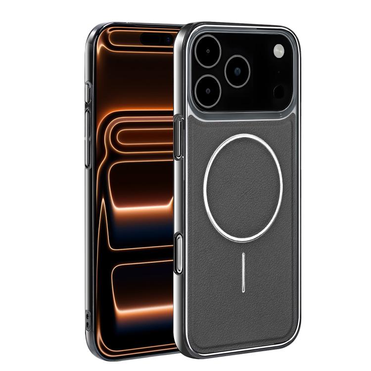 For iPhone 17 Pro Electroplated Frame Vegan Leather Magnetic Shockproof Phone Case