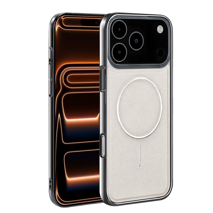 For iPhone 17 Pro Electroplated Frame Vegan Leather Magnetic Shockproof Phone Case