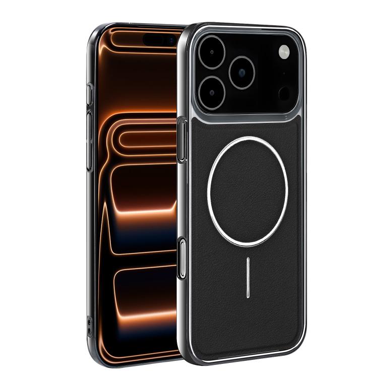 For iPhone 17 Pro Electroplated Frame Vegan Leather Magnetic Shockproof Phone Case